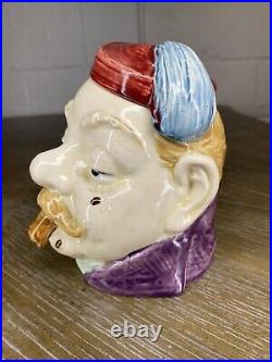 Antique Majolica Humidor Tobacco Jar Man Figural Hat Tassel Fez Moustache 1880