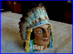 Antique Majolica Indian Chief Headdress Tobacco Jar Humidor Art Pottery