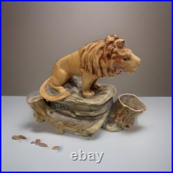 Antique Majolica Lion Smoking Set Humidor Match Striker Cigar Holder Ashtray
