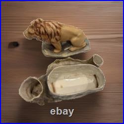 Antique Majolica Lion Smoking Set Humidor Match Striker Cigar Holder Ashtray
