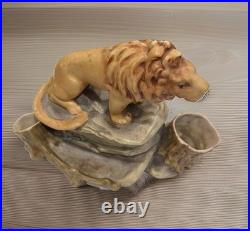 Antique Majolica Lion Smoking Set Humidor Match Striker Cigar Holder Ashtray
