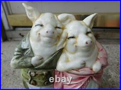 Antique Majolica Mr. & Mrs. Fancy Dressed Pigs Tobacco Jar Humidor
