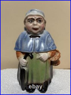 Antique Majolica Old Woman with Umbrella & Basket Standing Tobacco Humidor Jar