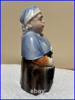 Antique Majolica Old Woman with Umbrella & Basket Standing Tobacco Humidor Jar