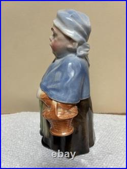 Antique Majolica Old Woman with Umbrella & Basket Standing Tobacco Humidor Jar