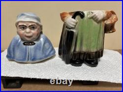 Antique Majolica Old Woman with Umbrella & Basket Standing Tobacco Humidor Jar