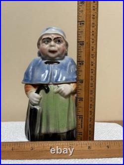 Antique Majolica Old Woman with Umbrella & Basket Standing Tobacco Humidor Jar