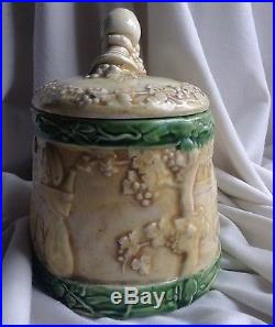 Antique Majolica Pipe Tobacco Jar Drink Wine Grape Monk Barell Cellar Faience
