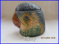 Antique Majolica Pottery Figural Parrot Head Tobacco Jar Humidor Box
