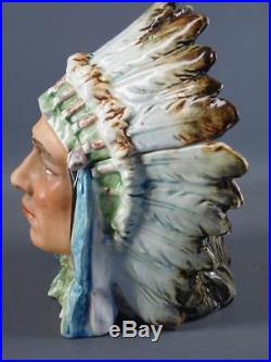 Antique Majolica Proud American Indian Chief Head Tobacco Jar Humidor