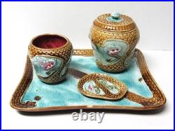 Antique Majolica Smoking Set with Tobacco Jar/Humidor 4 Pieces