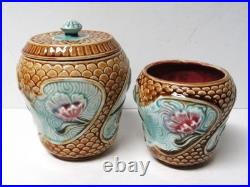 Antique Majolica Smoking Set with Tobacco Jar/Humidor 4 Pieces