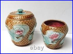 Antique Majolica Smoking Set with Tobacco Jar/Humidor 4 Pieces