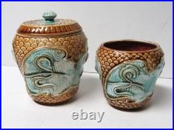Antique Majolica Smoking Set with Tobacco Jar/Humidor 4 Pieces