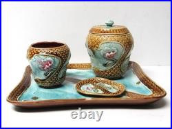 Antique Majolica Smoking Set with Tobacco Jar/Humidor 4 Pieces