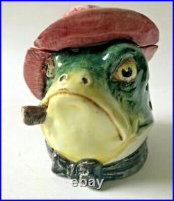 Antique Majolica Tobacco Humidor Jar Frog Smoking A Cigar 4 1/2