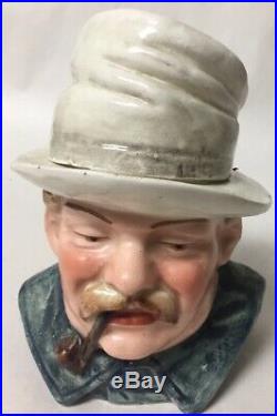 Antique Majolica Tobacco Humidor Jar Man With Pipe And Hat