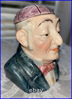 Antique Majolica Tobacco Humidor Lidded Jar Figural Man Purple Hat