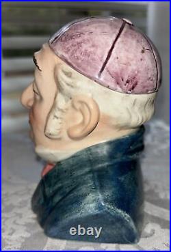 Antique Majolica Tobacco Humidor Lidded Jar Figural Man Purple Hat