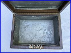 Antique Metal Lined Wooden Cigar Humidor Box 11x8x4 1/4