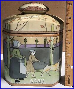 Antique NIPPON Humidor Woman & Girl Walking Dog Hand Painted Embossed Beading