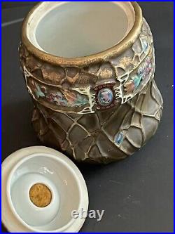 Antique Nippon Handpainted Raised Mold Jeweled Tobacco Jar / Humidor