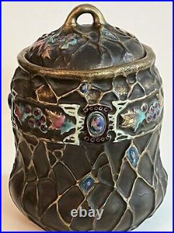 Antique Nippon Handpainted Raised Mold Jeweled Tobacco Jar / Humidor