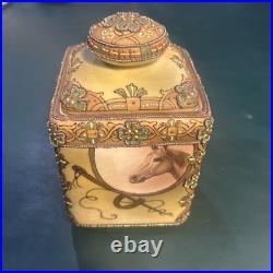 Antique Nippon Horse Portrait Humidor Jar Hand Painted Moriage Beaded Lid Read