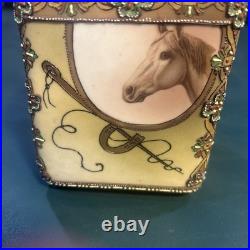 Antique Nippon Horse Portrait Humidor Jar Hand Painted Moriage Beaded Lid Read