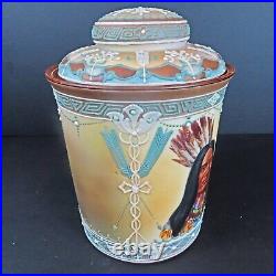 Antique Nippon Moriage Native American Portrait Hand Painted Tobacco Jar Humidor
