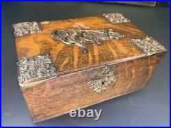 Antique Oak Cigar Humidor with Brass Mounts Cigars Script Top
