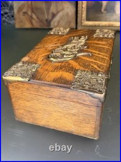 Antique Oak Cigar Humidor with Brass Mounts Cigars Script Top
