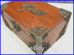 Antique Oak Ornate Brass Metal Lined Cigar Humidor Box w Key Victorian