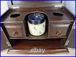 Antique Oak Tobacco Cabinet with Langley Wear Jar, Two Drawers and Pipe Holders