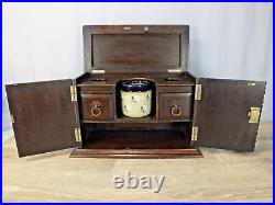 Antique Oak Tobacco Cabinet with Langley Wear Jar, Two Drawers and Pipe Holders