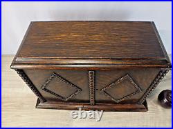 Antique Oak Tobacco Cabinet with Langley Wear Jar, Two Drawers and Pipe Holders