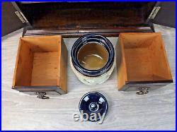 Antique Oak Tobacco Cabinet with Langley Wear Jar, Two Drawers and Pipe Holders