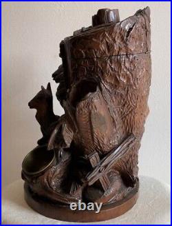 Antique Old Black Forest Tobacco Jar Pot Carved Wood Stag Decor 19th Century
