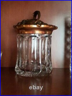 Antique Paneled Crystal Glass Floral Scroll Copper Lid Cigar Jar Humidor Nouveau