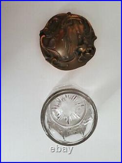 Antique Paneled Crystal Glass Floral Scroll Copper Lid Cigar Jar Humidor Nouveau