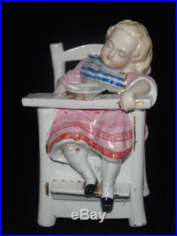Antique Porcelain Girl Child High Chair Figural Tobacco Box Jar Humidor Fairing