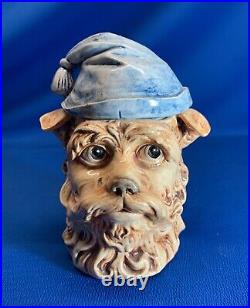 Antique Porcelain Humidor Terrier Dog In Workmans Blue Cap A Rare One