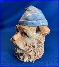 Antique Porcelain Humidor Terrier Dog In Workmans Blue Cap A Rare One