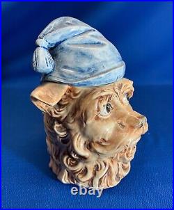 Antique Porcelain Humidor Terrier Dog In Workmans Blue Cap A Rare One