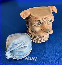 Antique Porcelain Humidor Terrier Dog In Workmans Blue Cap A Rare One