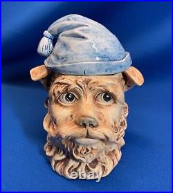 Antique Porcelain Humidor Terrier Dog In Workmans Blue Cap A Rare One