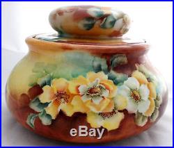 Antique Porcelain Tobacco Humidor, Hand Painted Floral Decorated Signed Jar