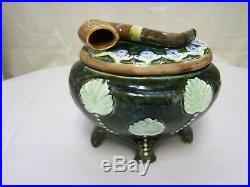 Antique RARE Majolica Tobacco Humidor Jar Oval Footed PIPE on Lid Ex Cond