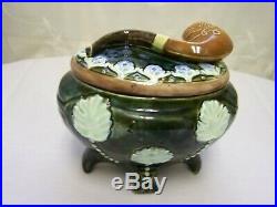 Antique RARE Majolica Tobacco Humidor Jar Oval Footed PIPE on Lid Ex Cond