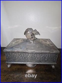 Antique Reed Barton Silver Aesthetic Humidor Cigar Box Eagle Finial Wet Drawer